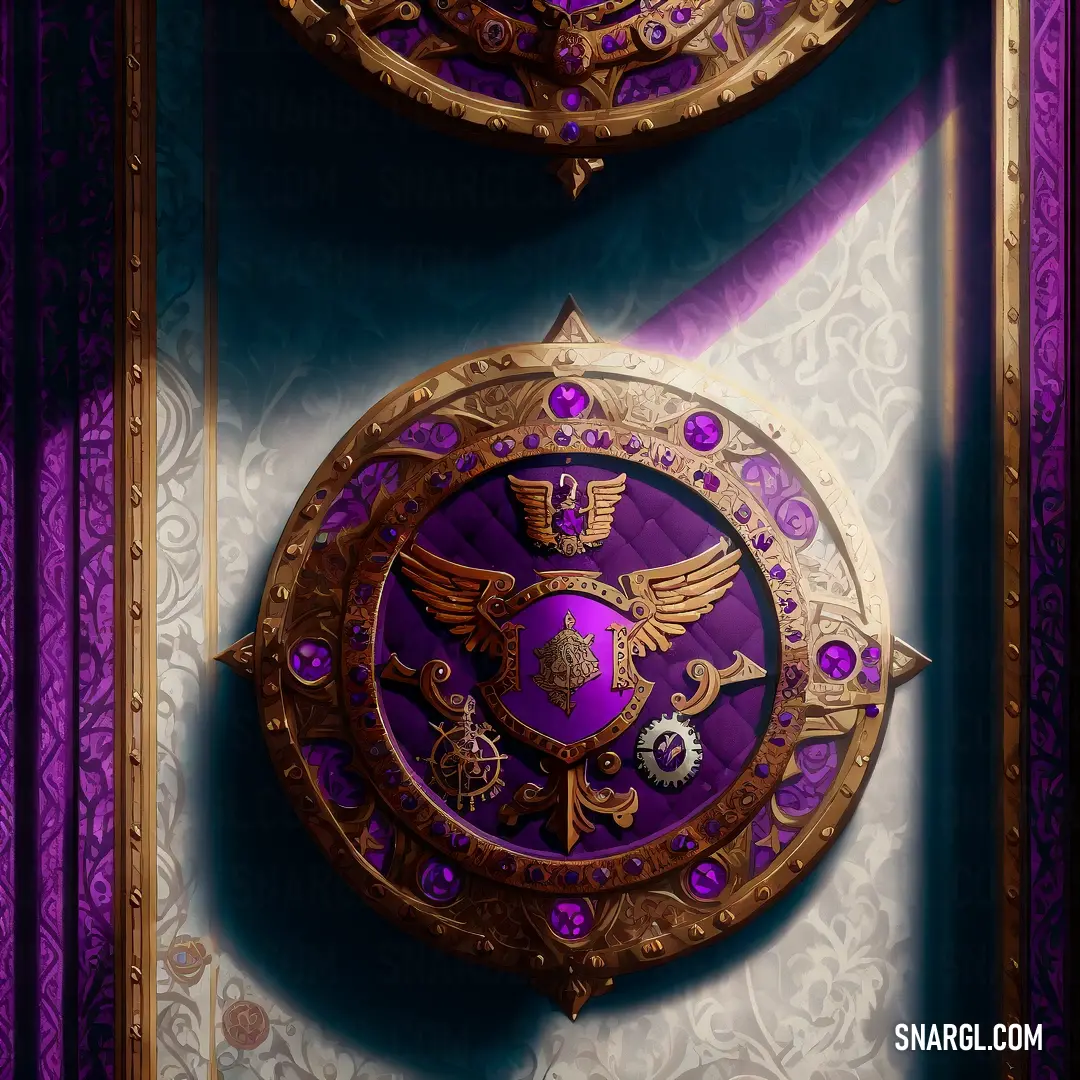 Purple and gold clock with a purple background and a gold frame with a purple and gold clock on it. Color #9400D3.