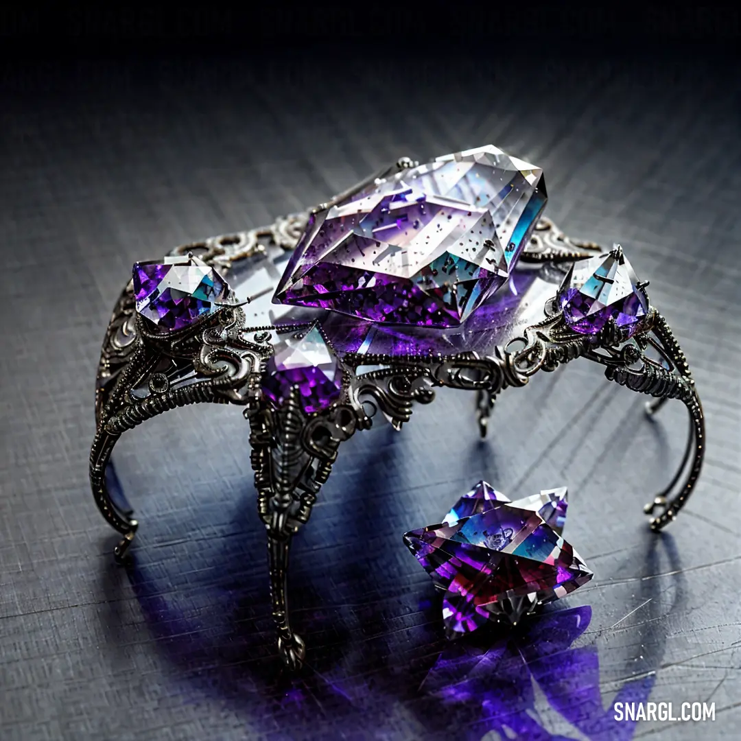 Purple and silver brooch with a bunch of jewels on it's back end and a purple and white diamond on the front