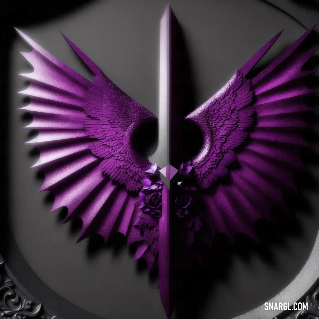 Purple bird with a sword in its beak on a shield with a pattern on it and a black background
