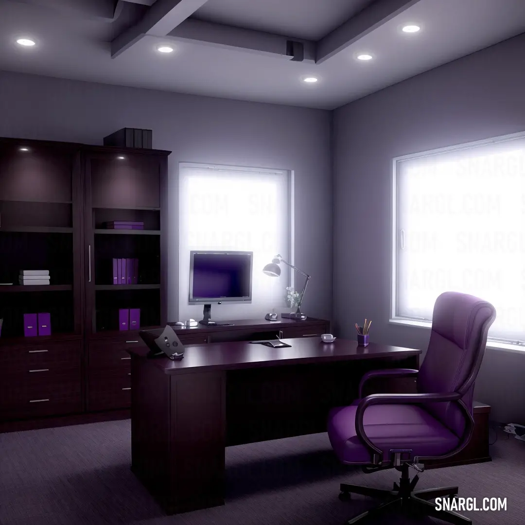 Purple chair sits in front of a desk with a monitor and a laptop on it in a room with a window. Example of Dark violet color.
