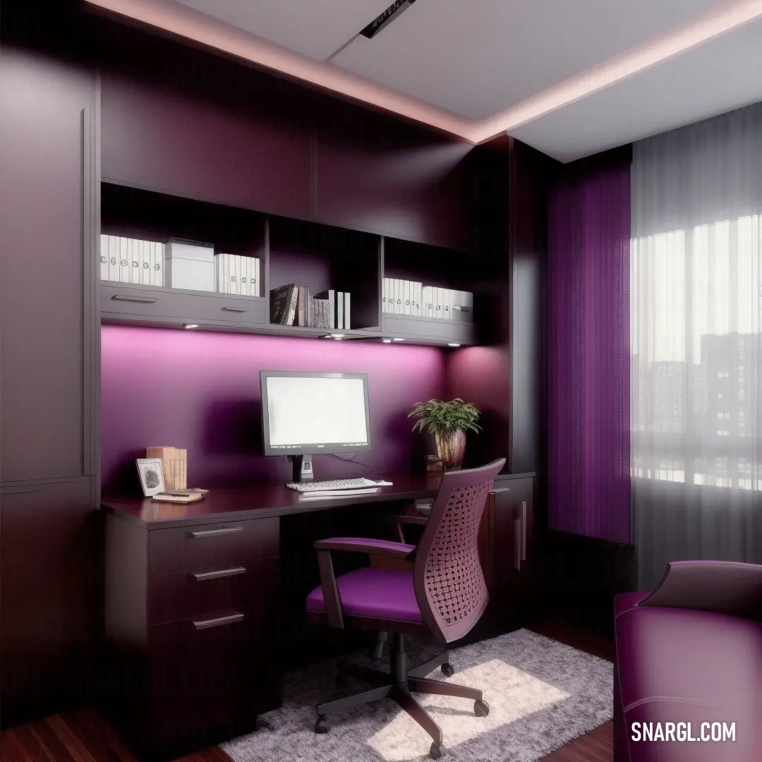 Purple office with a desk and chair and a window with curtains and a rug on the floor