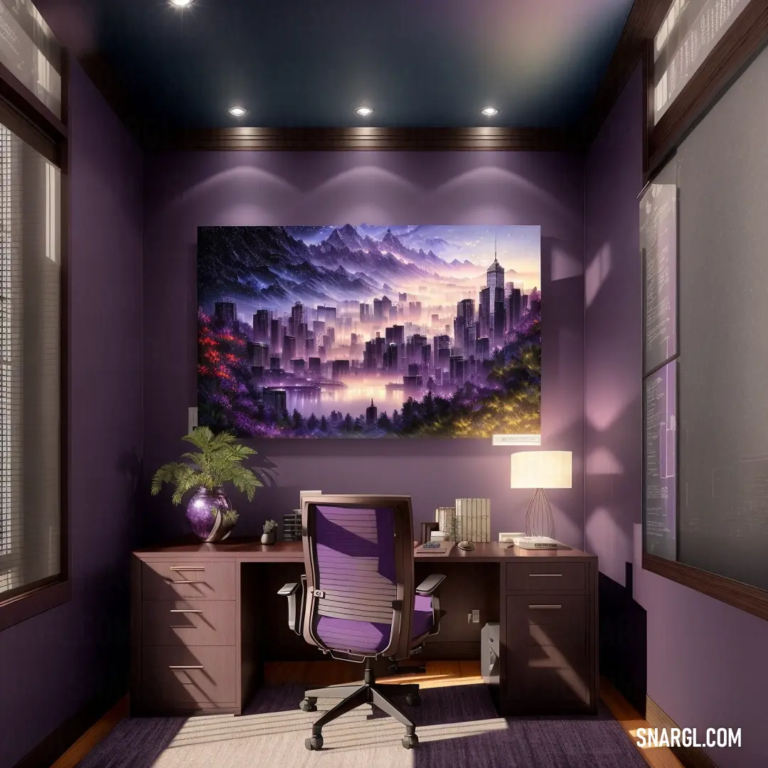 Dark violet color example: Purple office with a painting of a city skyline on the wall and a desk