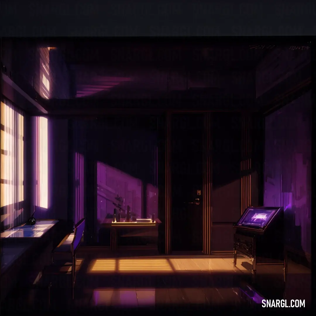 Room with a table and a tv in it and a purple light coming through the window and onto the floor. Example of Dark violet color.