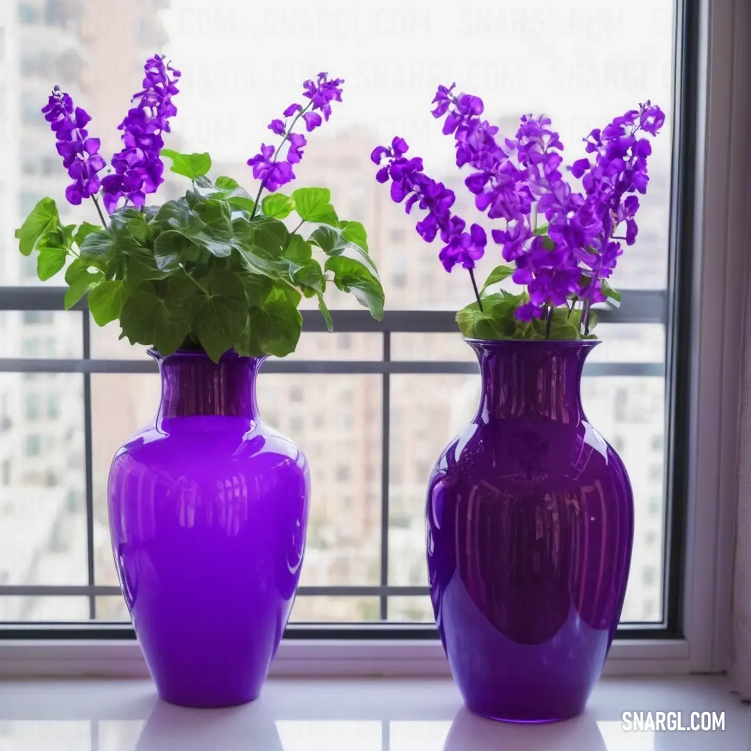 Two purple vases with purple flowers in them on a window sill in front of a window sill. Example of RGB 148,0,211 color.