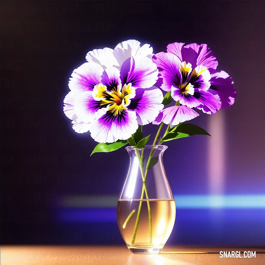 Vase filled with purple flowers on top of a table next to a wall and a blue light behind it