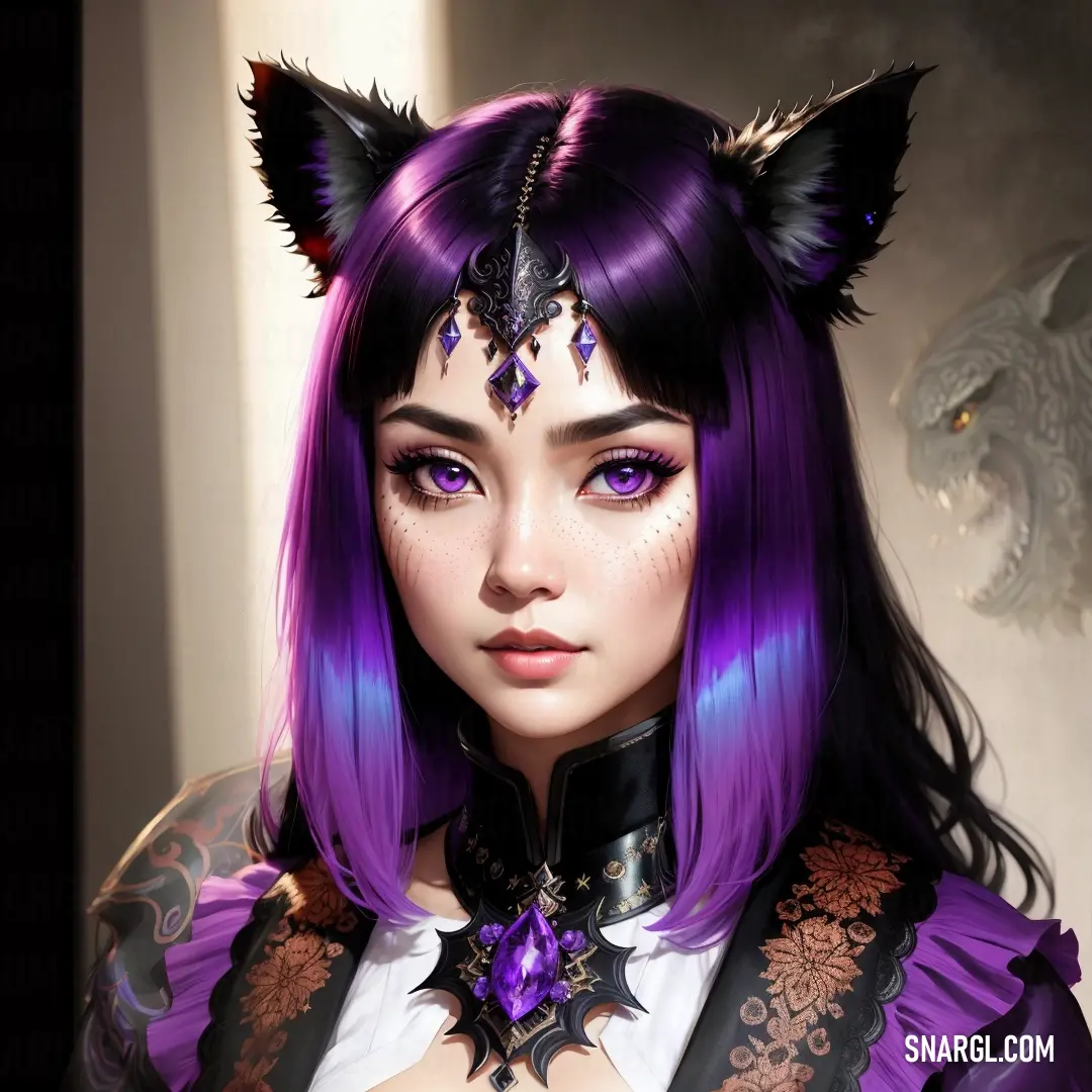 Woman with purple hair and a cat ears on her head and a purple dress with black laces