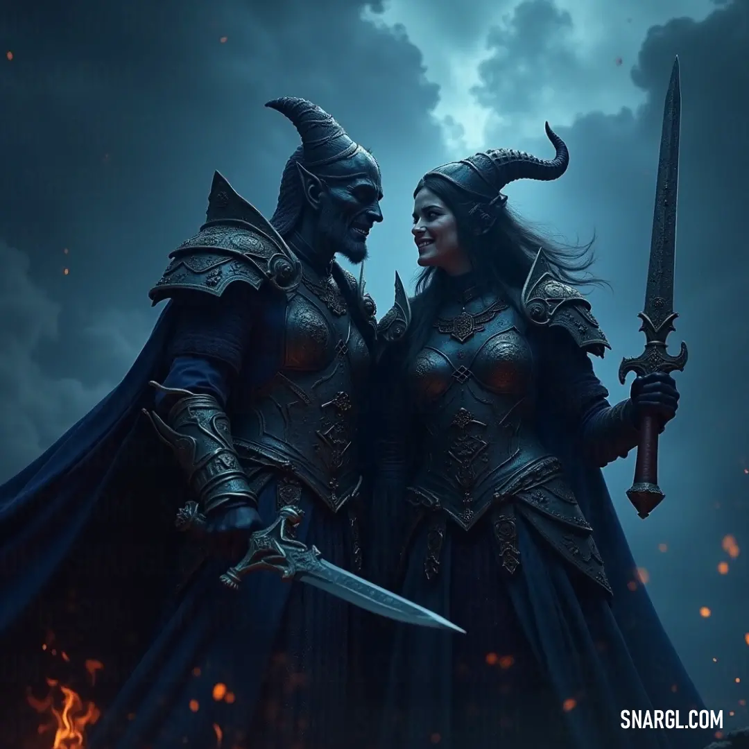 Two armored warriors brandish swords beneath a stormy sky, ready to confront the oncoming tumult of thunder and lightning. Two valiant warriors, adorned in intricate armor, stand defiantly against an ominous sky ignited by thunderous lightning, wielding their swords fiercely as they prepare to face the tempest that looms before them.