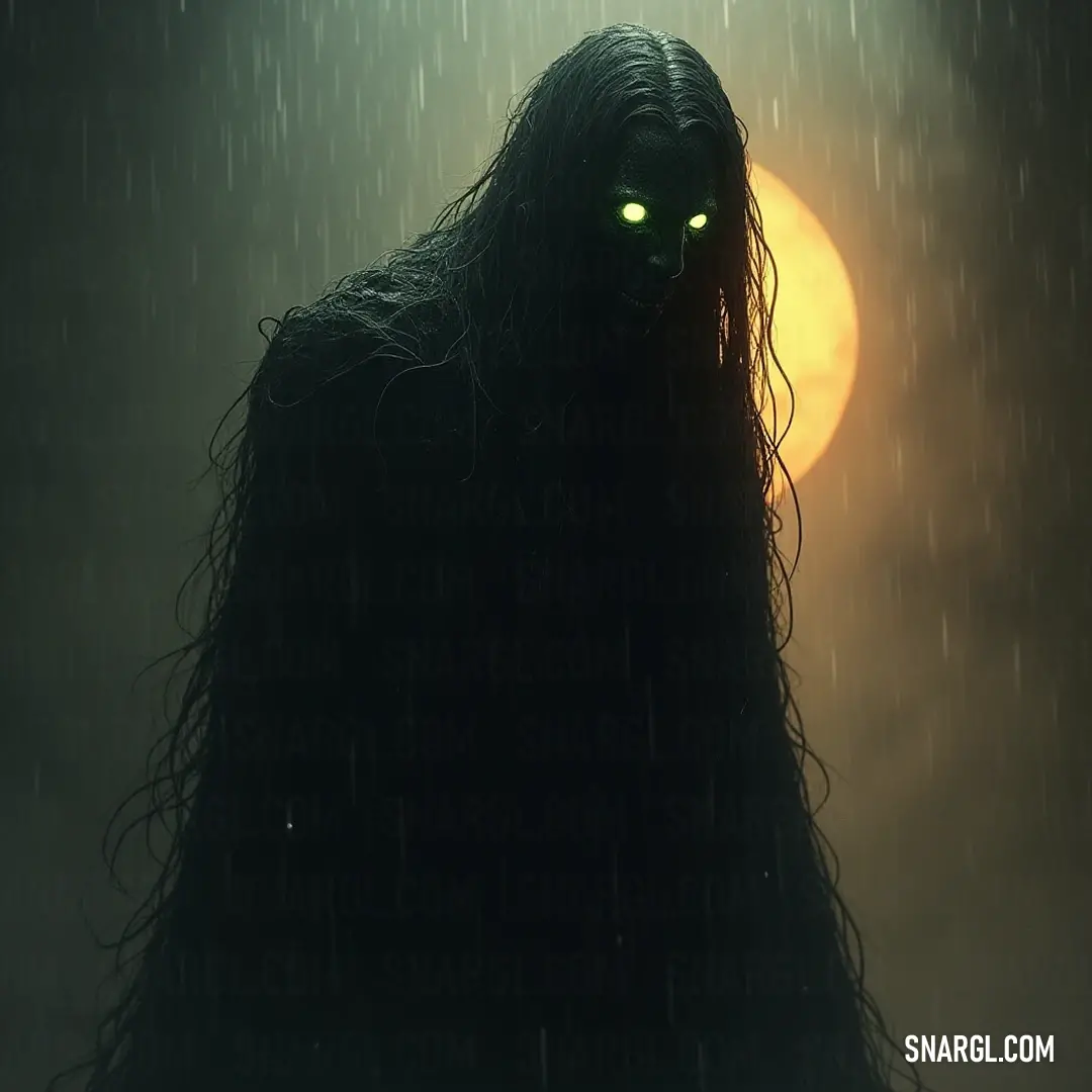 A powerful Dark Wraith with glowing eyes stands defiantly in the rain, framed by the ethereal light of a full moon, symbolizing mystery and strength in the night. A striking Dark Wraith with deep, dark skin and luminous eyes stands valiantly in the pouring rain, illuminated by the soft glow of a full moon. The water glistens around its long hair, creating a captivating scene that speaks of power and solitude.