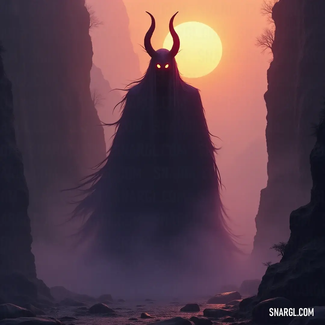 Majestic Dark Wraith horns towering above, silhouetted against a vibrantly glowing sunset in a cave, enveloped in swirling fog and enchantment. A mesmerizing Dark Wraith with prominent horns stands imposingly in a shadowy cave at sunset, bathed in golden light. The fog swirls around, adding an air of mystery and foreboding to the ethereal scene created by the dying sunlight.