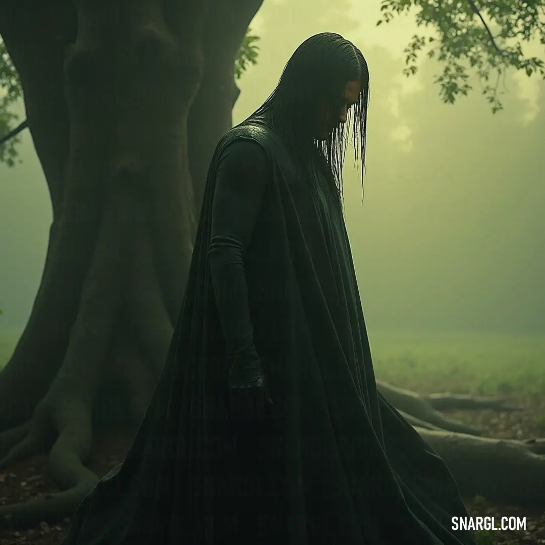 Dark Wraith in Enchanted Forest: Guardian of Secrets In a forest weighed down by twilight, a Dark Wraith cloaked in shadows stands amongst towering trees. Its presence melds seamlessly with the gloomy ambiance, exuding a sense of both tranquility and foreboding as if it belongs to the haunting whispers of t