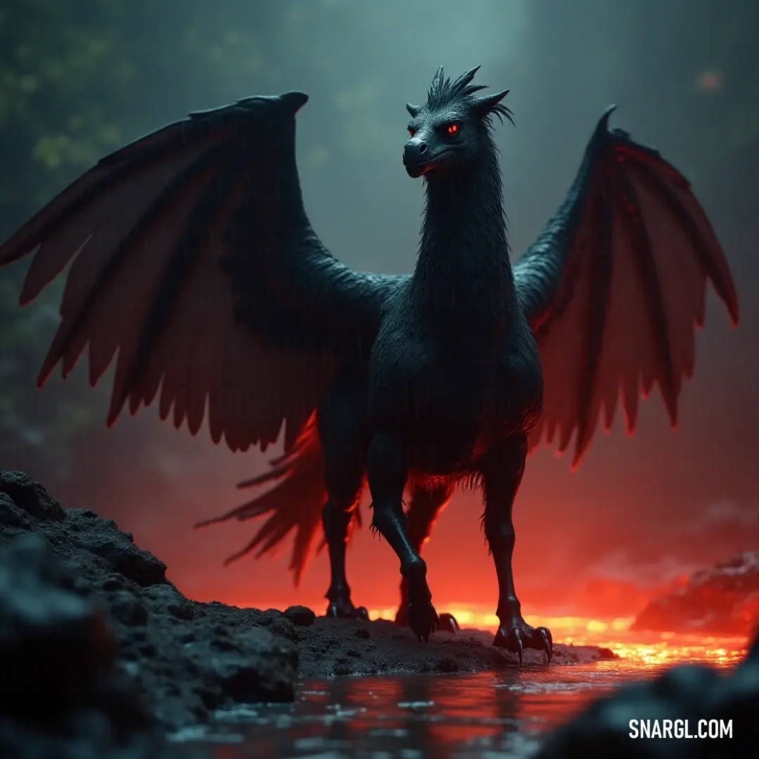 A fierce Black Darkclaw with red eyes, wings spread, standing on a rock in the water at sunset, creating a dramatic silhouette against the vibrant sky. A dark, winged creature with piercing red eyes stands confidently on a rock in the water as the sun sets behind it. Its wings are outstretched, creating a striking silhouette against the vibrant colors of the sky and water.
