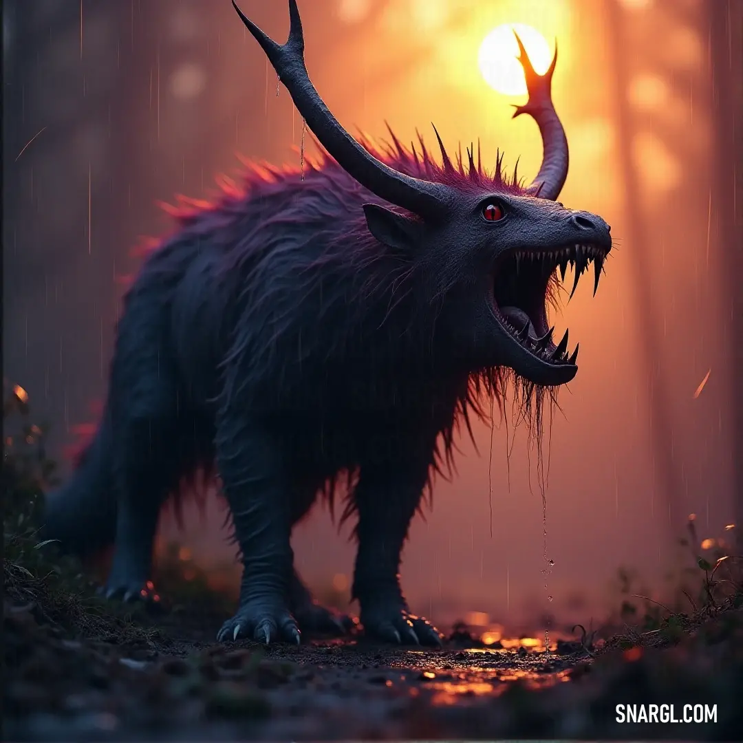 Darkclaw, with horns and a wide, menacing mouth, stands under the rain as the sun breaks through, casting an intense, dramatic light on the creature's ominous silhouette. A dark and imposing figure, Darkclaw, stands drenched in rain, its horns and oversized mouth reflecting the golden glow of the sun peeking through the storm. The dramatic lighting intensifies the creature's menacing aura as it stares ahead.