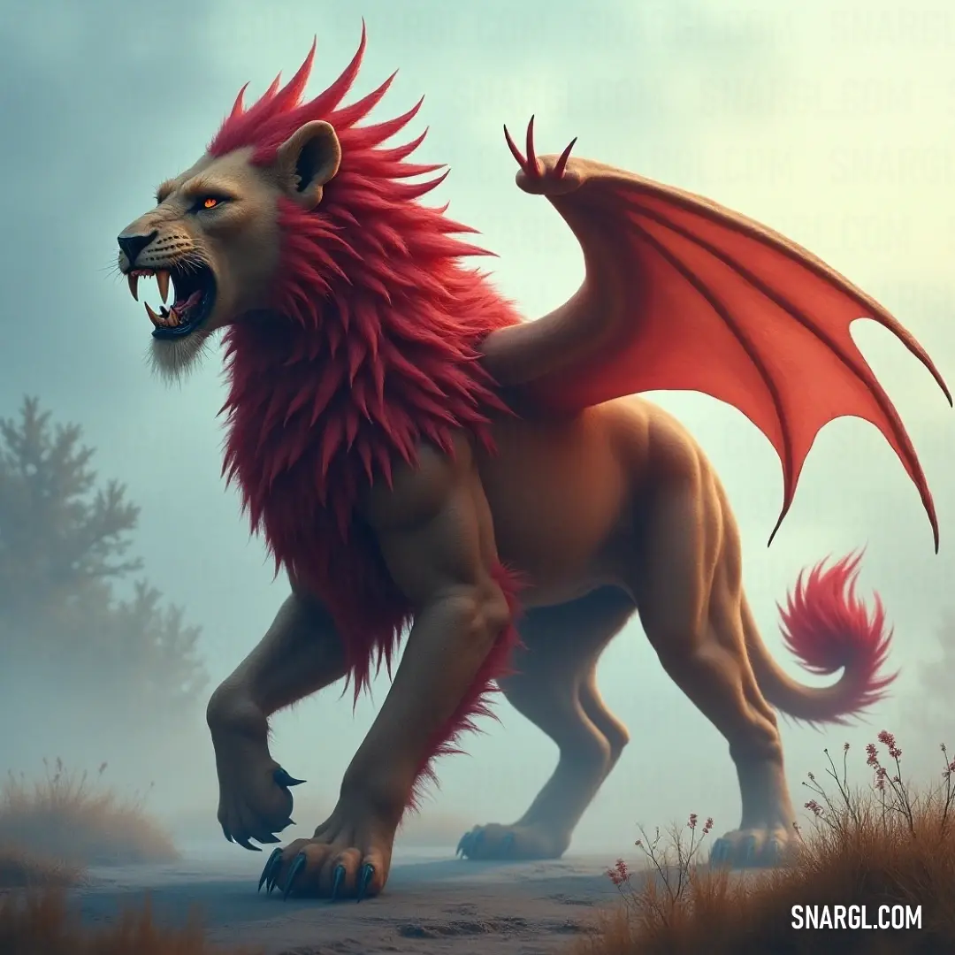 A fierce, red dragon-like Darkfang Manticore, characterized by its long flowing mane and powerful tail, stands proudly against an atmospheric backdrop, a true embodiment of strength and exhilarating majesty in the wild.