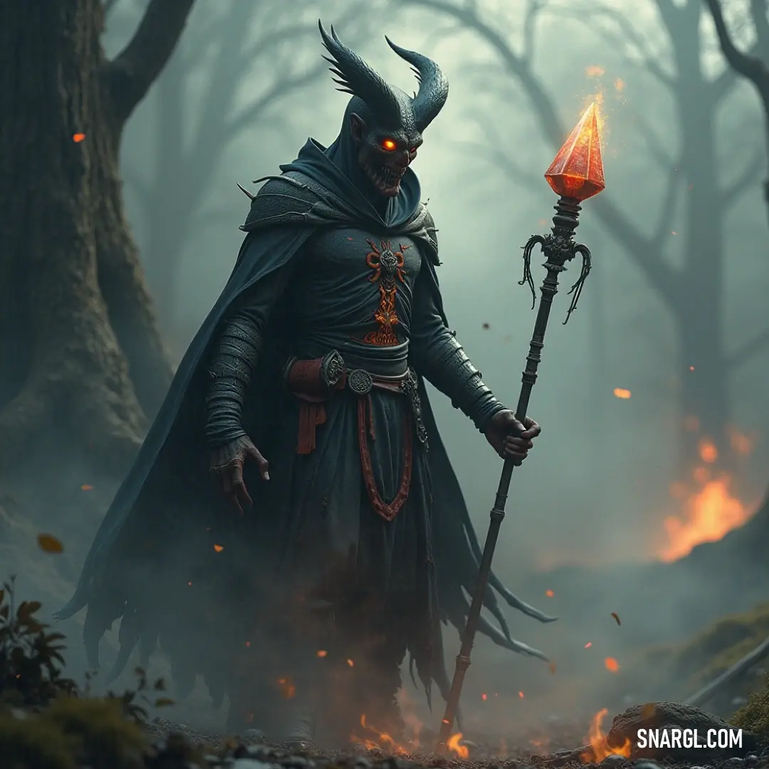 The Darkfiend commanding presence with candlelight amidst a fiery forest setting. In a hauntingly beautiful forest, the Darkfiend emerges, dressed in a fearsome horned costume, holding a flickering candle, surrounded by flames that dance from the earth, creating an otherworldly ambiance.