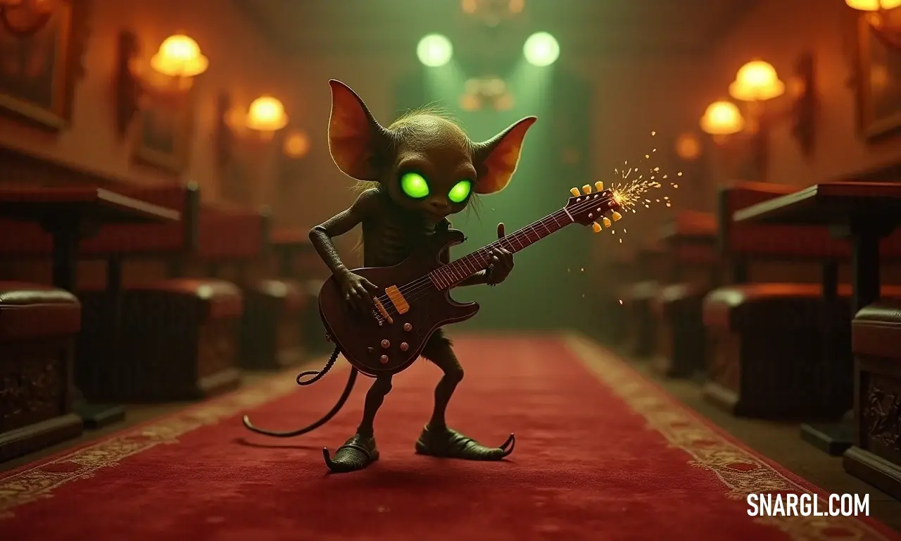 A charming cartoon rat playing guitar in a cozy room with vibrant green eyes. A delightful cartoon rat with vibrant green eyes strums a guitar energetically in a fun and cozy room, complete with a plush red carpet that adds a touch of charm to the scene.