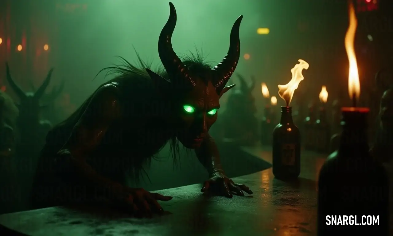 A devilish figure with glowing eyes and horns next to a bottle and candle on a rustic table. A devilish figure with dazzling glowing eyes and sharp horns leans casually beside a bottle of liquor and a flickering candle on a cozy table, shrouded in shadowy allure.