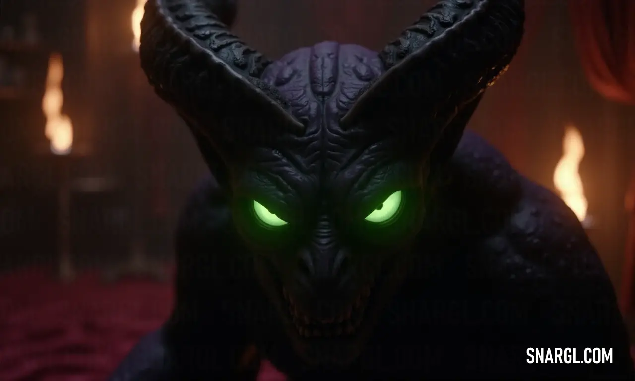An eerie demon with glowing green eyes in a dimly lit room decorated with red elements. An eerie demon with glowing green eyes looms in a dim room adorned with red carpeting and dramatic curtains, exuding both menace and mystique in its shadowy surroundings.