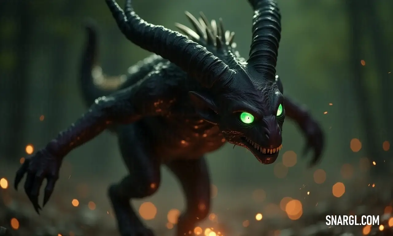 A striking dragon with radiant green eyes and a glossy black body soars through a mystical forest, its wings shimmering with ethereal lights. Majestic dragon adorned with piercing green eyes and sleek ebony scales glides gracefully through an enchanted forest, illuminated by the magical luminescence of its iridescent wings.