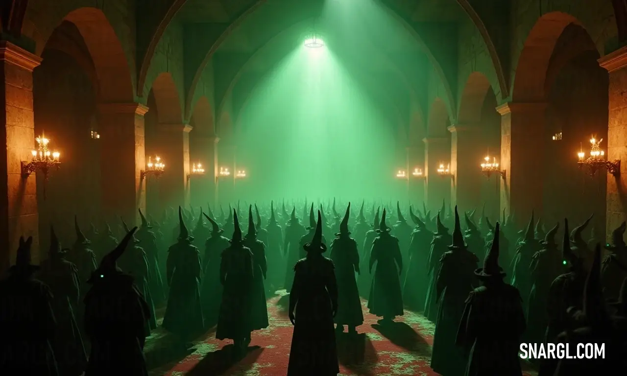 A lively group of costumed individuals in a hall illuminated by green lights and a red carpet. A vibrant gathering of costumed revelers fills a hall, awash in green light, their colorful outfits standing in stark contrast to a striking red carpet beneath their feet, celebrating in whimsical style.