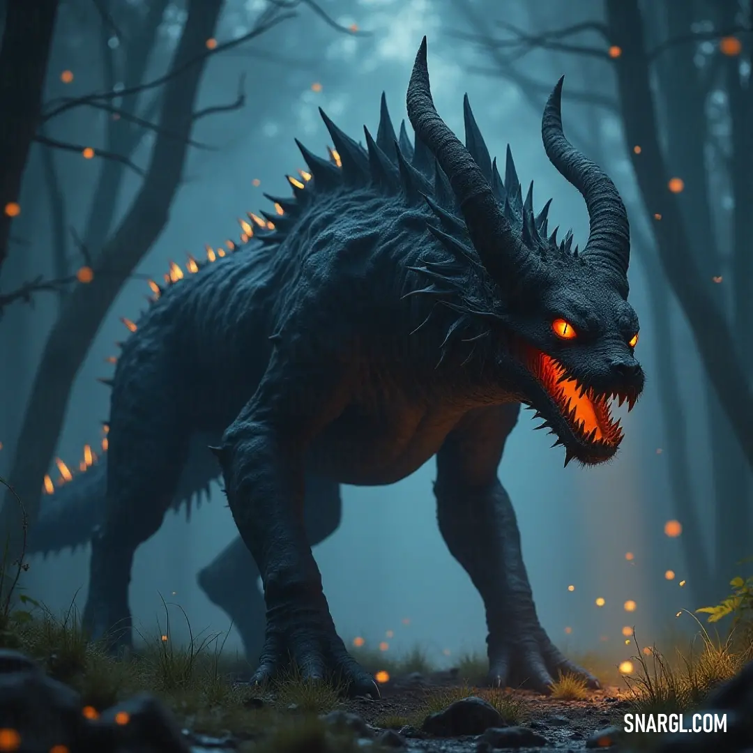 The haunting presence of a large black Darkmaw amidst the illuminated beauty of a forest at twilight. An imposing large black Darkmaw with glowing eyes and impressive horns looms within a mystical forest, where the flicker of fireflies illuminates the surrounding trees and adds an ethereal quality to the night, enhancing its eerie allure.