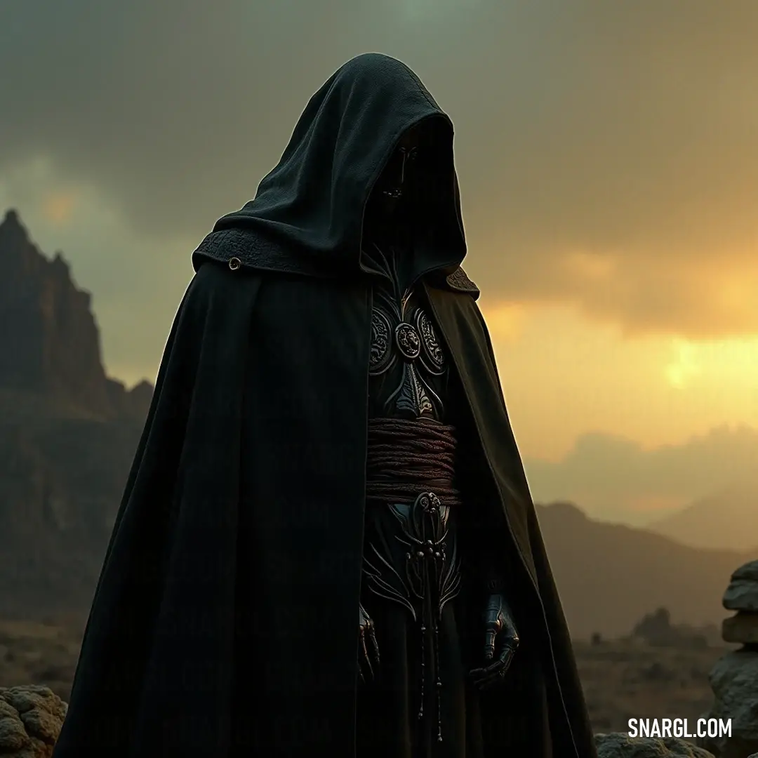 Standing majestically on a rocky hillside at sunset, the Darkshade Wraith dons an elaborate black cloak and cape. Against the vibrant hues of the sunset and towering mountains, it emanates an aura of strength, beauty, and profound mystery, a figure embody