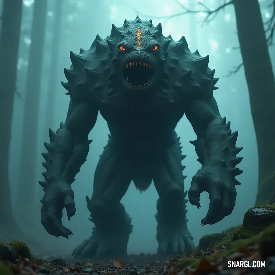 Mysterious Darkstone Golem with oversized teeth in a foggy forest. A menacing Darkstone Golem with oversized teeth looms in a fog-laden forest, its presence shrouded in mystery as the ground is scattered with autumn leaves, creating an atmosphere of suspense.