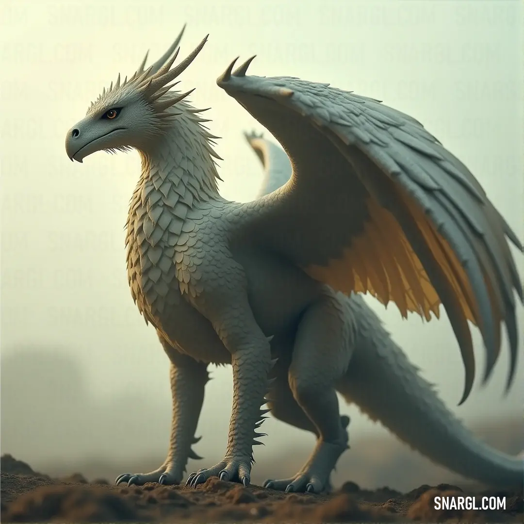 White Darkwing, with wings fully extended, stands on a rugged rock, silhouetted against an open sky, a creature of might and grace watching over the untamed land. A powerful White Darkwing gryphon spreads its wings, standing firmly on a rocky surface. The sky above is expansive, emphasizing the creature’s freedom and strength as it stands as a sentinel in the wilderness.