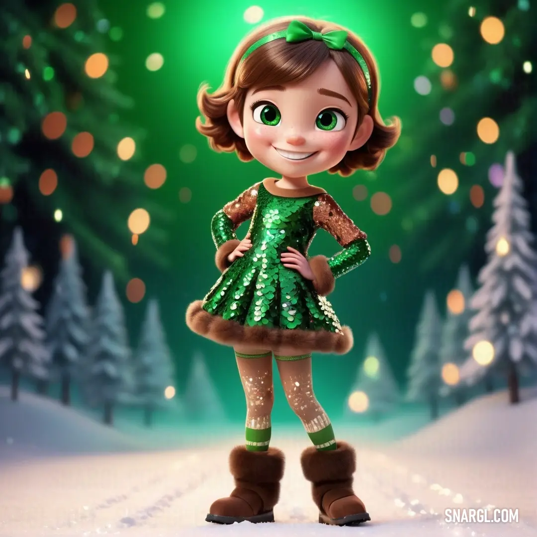 Cartoon girl in a green dress standing in the snow with a christmas tree in the background. Example of #00693E color.