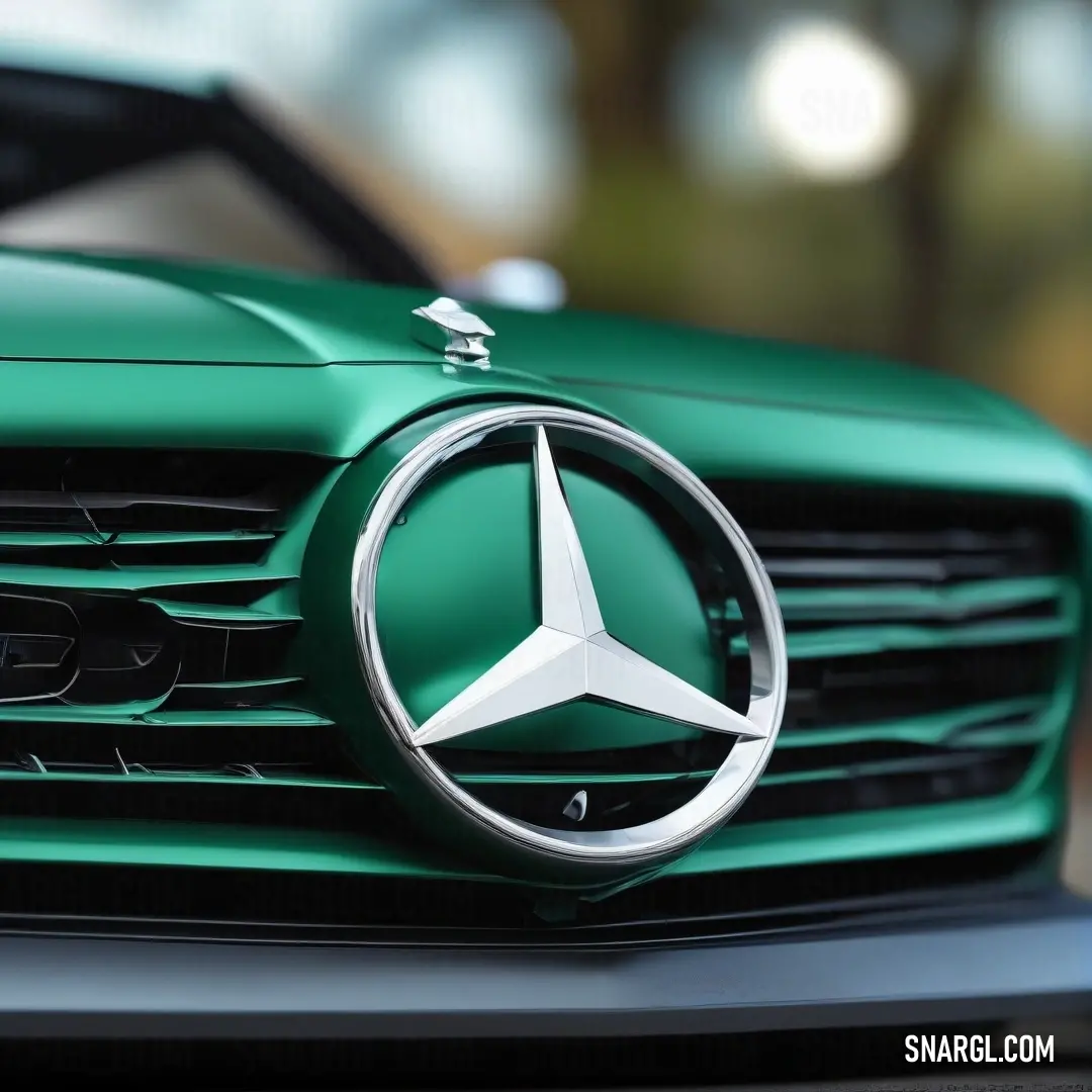Close up of a mercedes logo on a car hood ornament ornament on a car, Art Green. Color Dartmouth green.