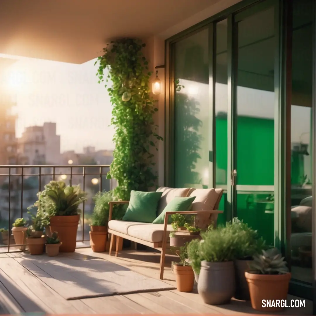 Dartmouth green color. Balcony with a couch and potted plants on it and a city view in the background