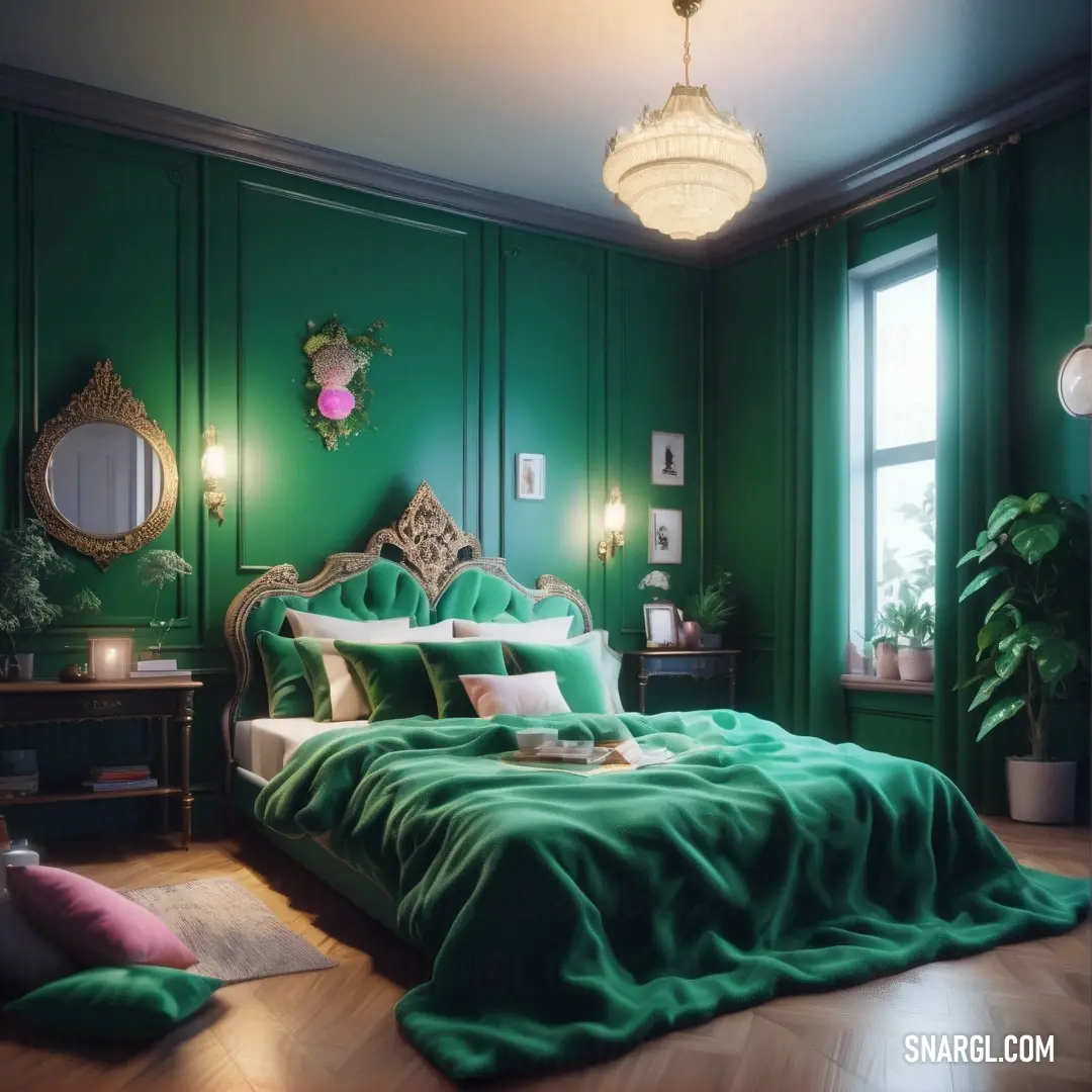 Dartmouth green color. Bedroom with green walls and a bed with a green blanket on it and a chandelier hanging from the ceiling