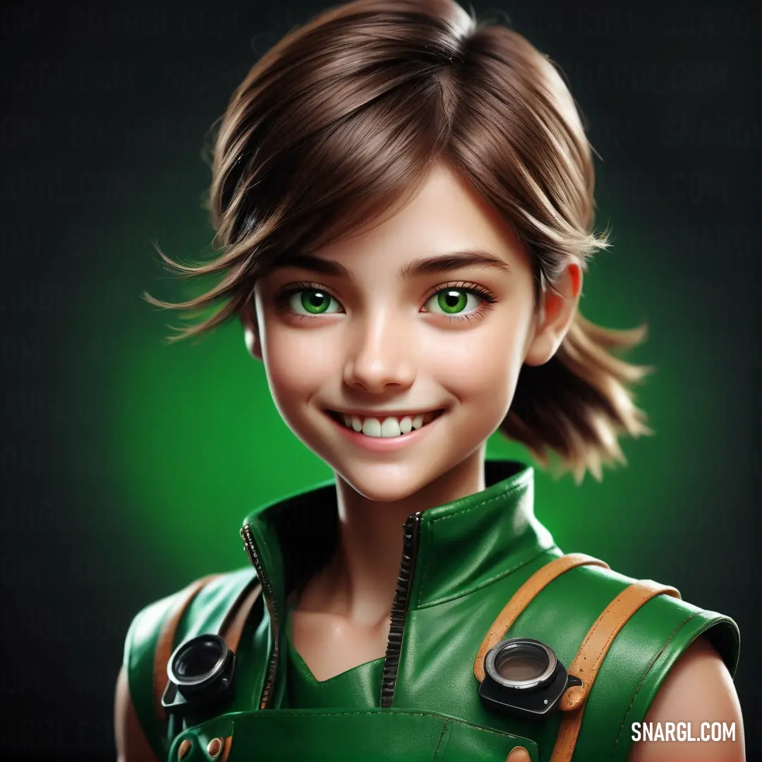 Dartmouth green color. Cartoon girl with green eyes and a green leather outfit on
