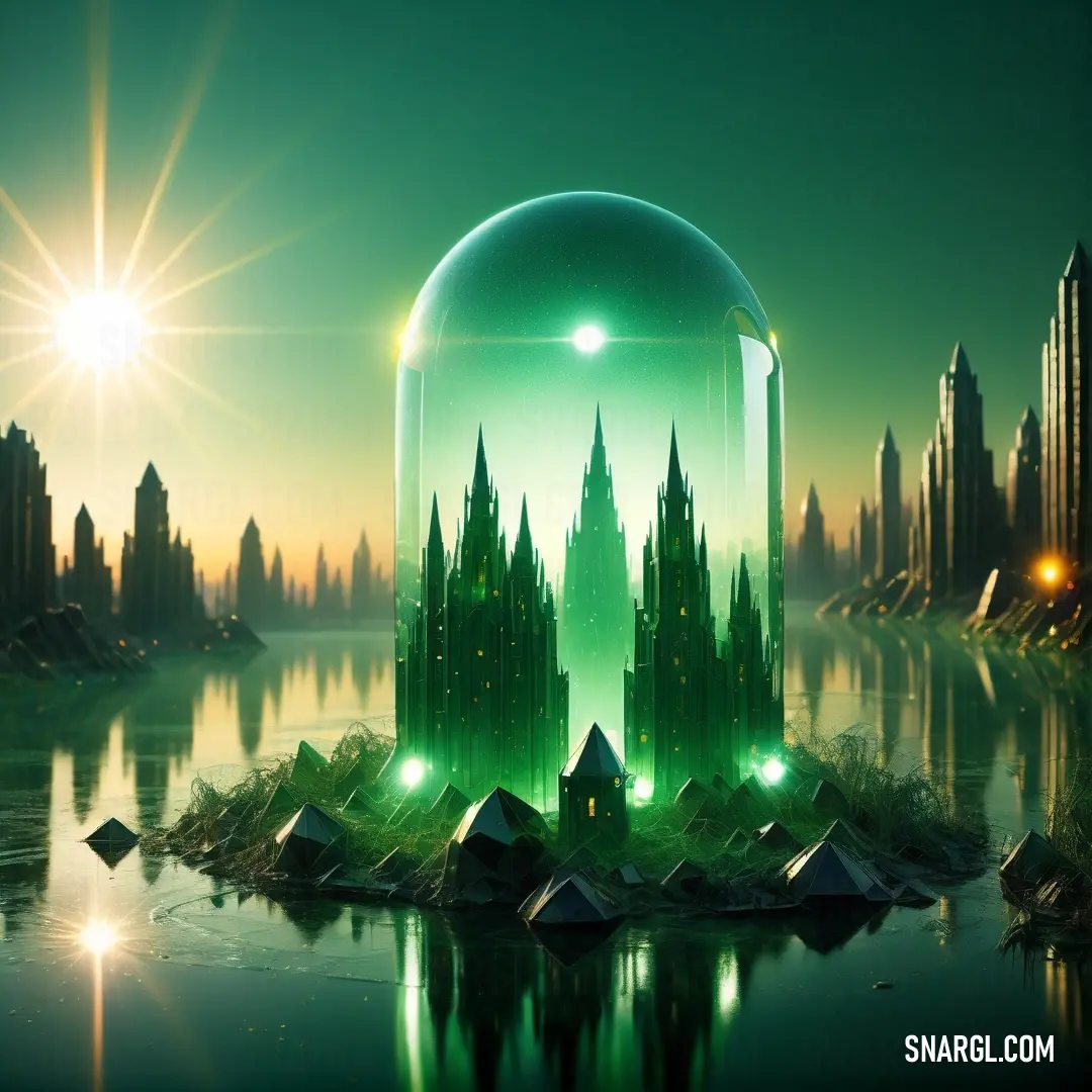 Futuristic city with a giant green ball in the middle of it's water and a bright sun. Example of CMYK 100,0,41,59 color.