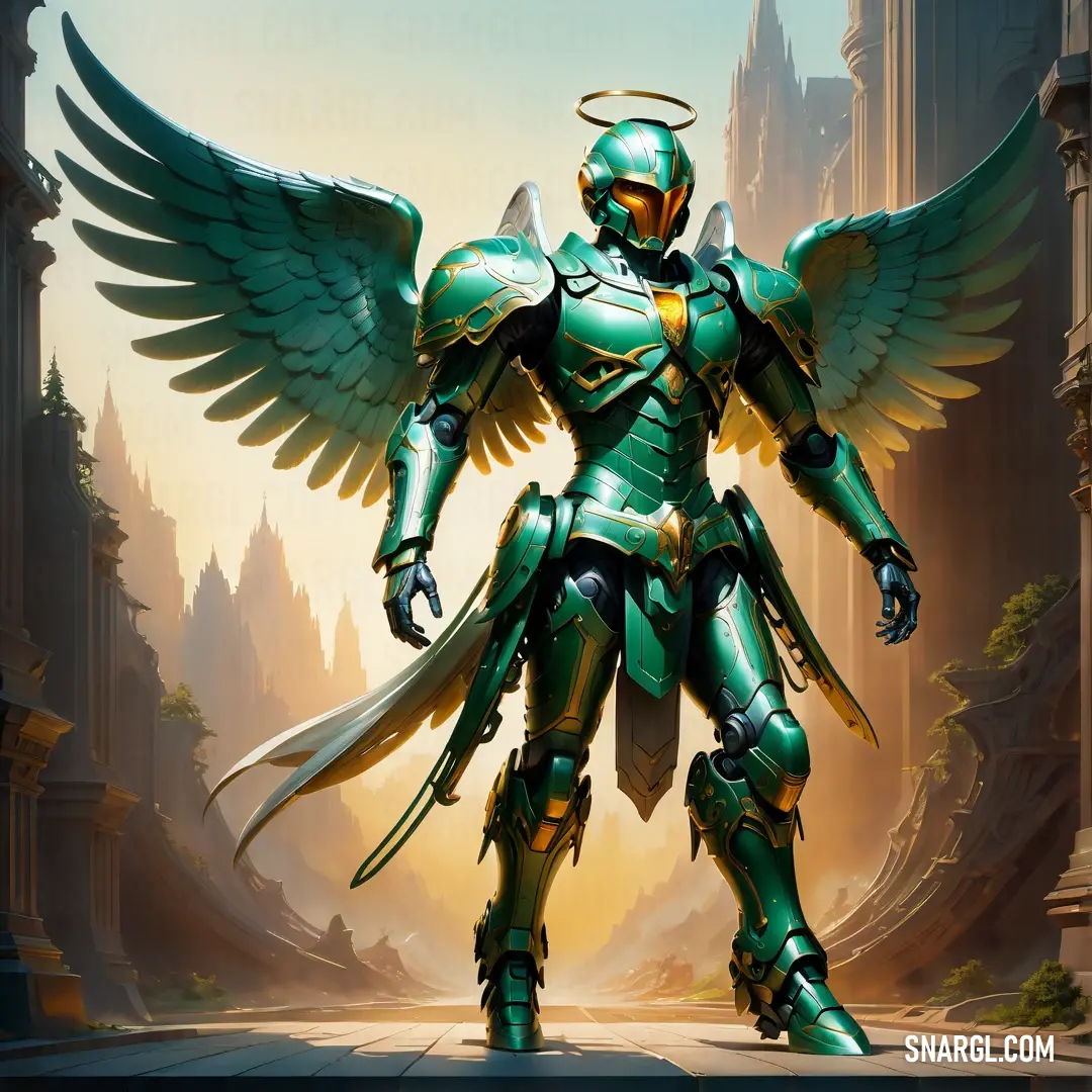 Dartmouth green color example: Green and gold robot with wings and a halo on his head and chest