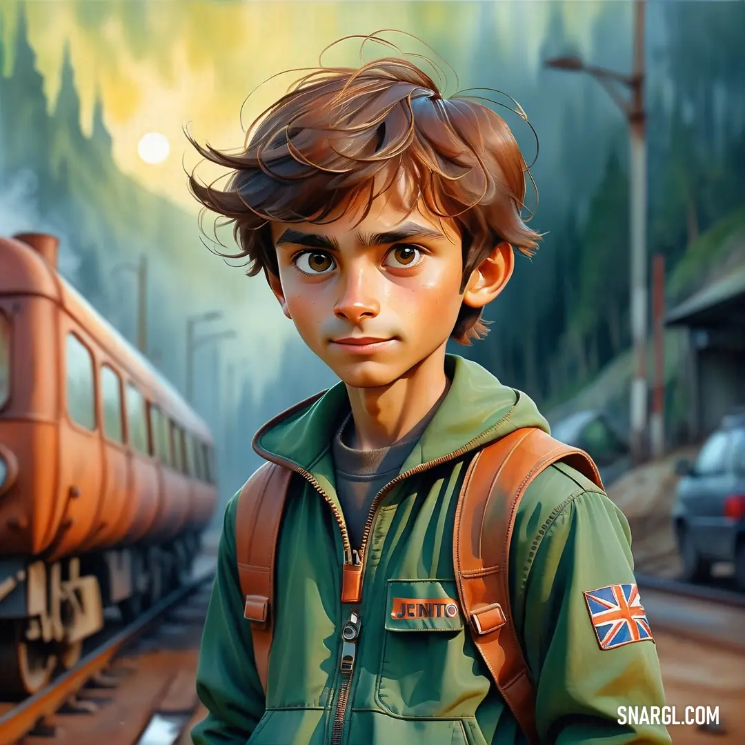 Painting of a boy with a backpack on a train track with a train passing by him and a car behind him. Color CMYK 100,0,41,59.