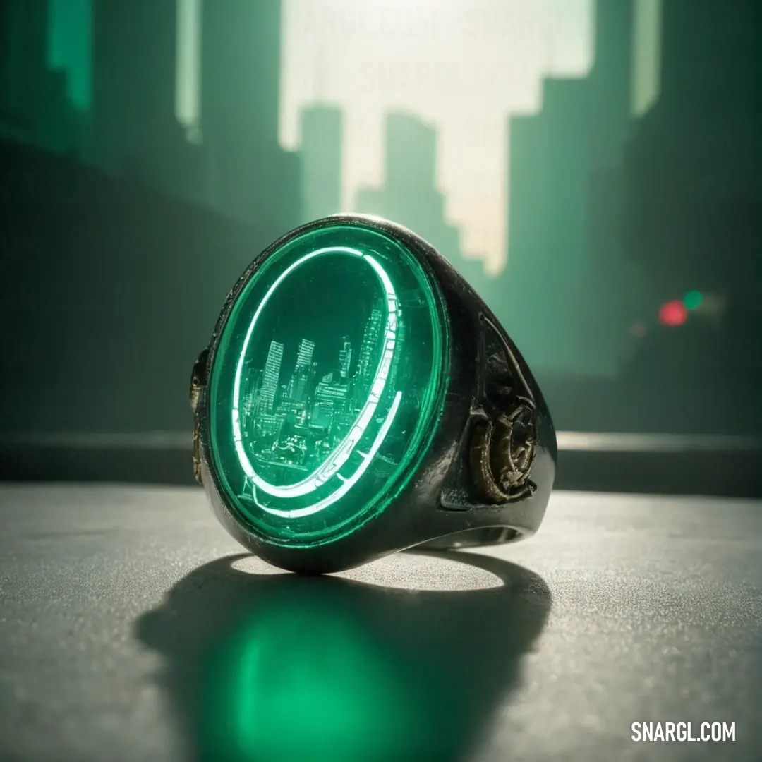 Dartmouth green color. Ring with a green light on it on a table in front of a cityscape background
