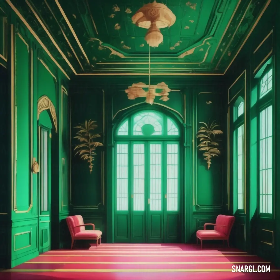 Room with green walls and a red carpet and two chairs in front of a green door and windows. Color Dartmouth green.