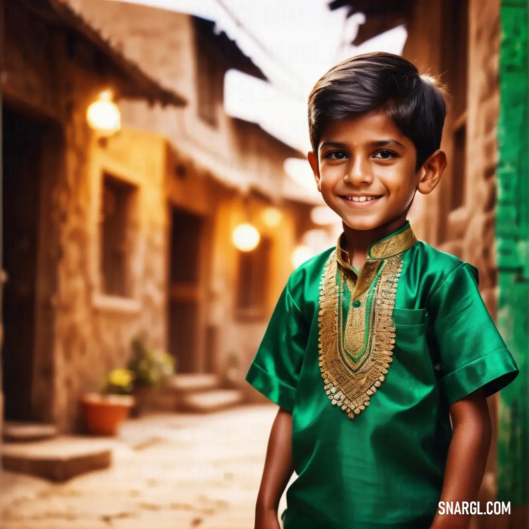 Young boy in a green shirt and gold necklace standing in a alley way with a green door. Color #00693E.