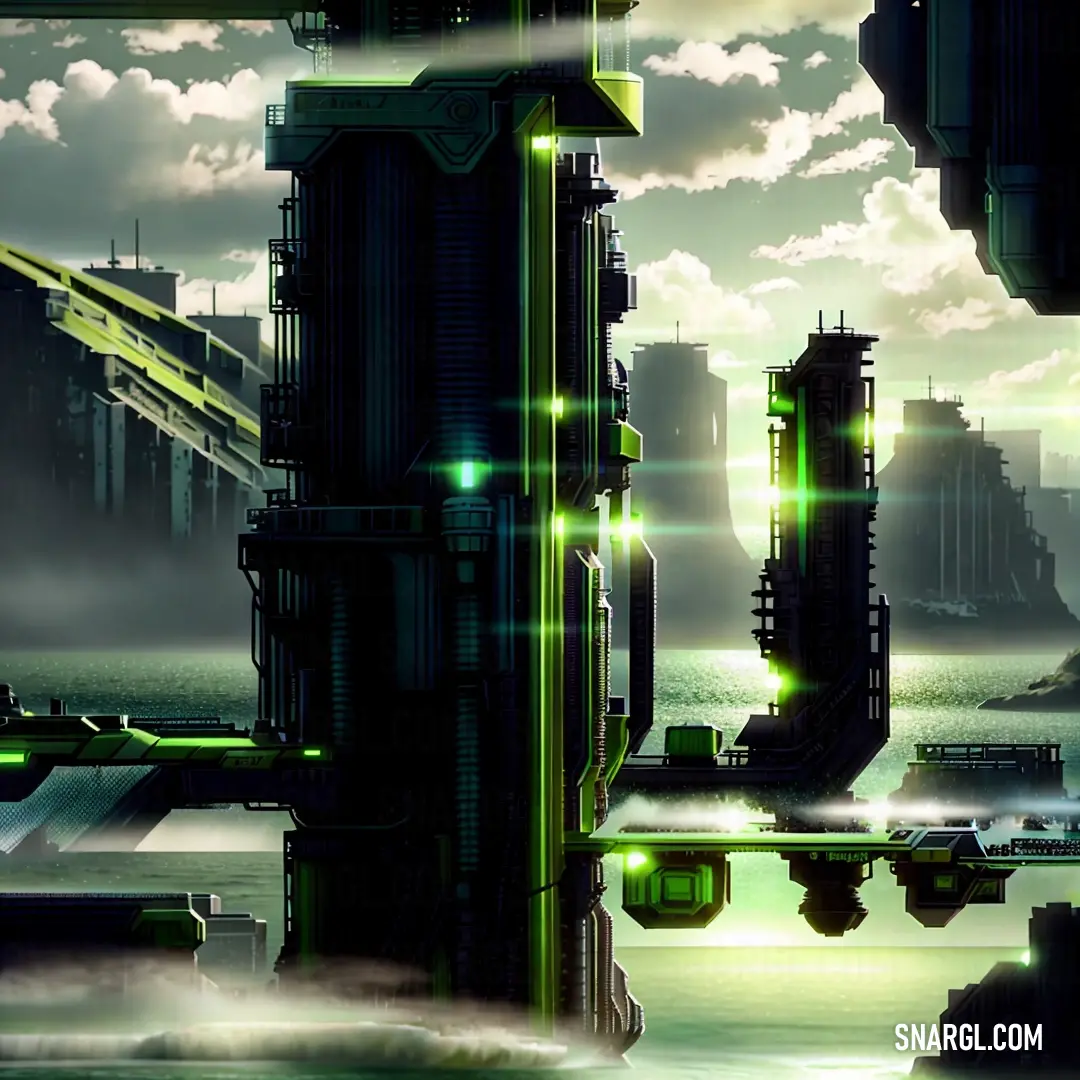 Futuristic city with a large bridge and a lot of smoke and smoke coming out of it's pipes