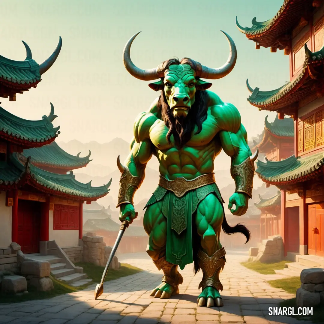 Green and yellow character with horns and a sword in front of a building with a pagoda in the background