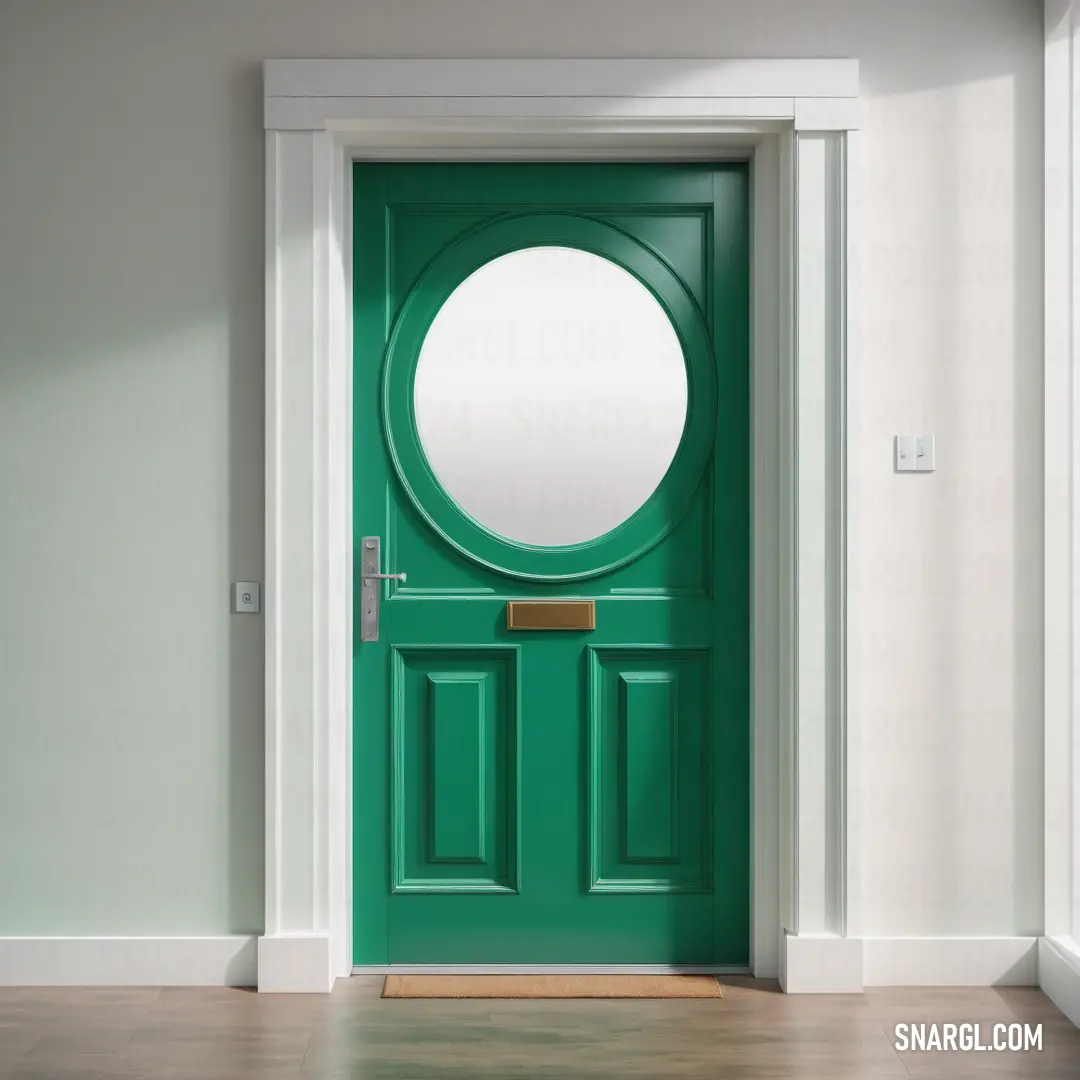 Green door with a round mirror on it's side door frame and a wooden floor in front of it. Example of #00693E color.