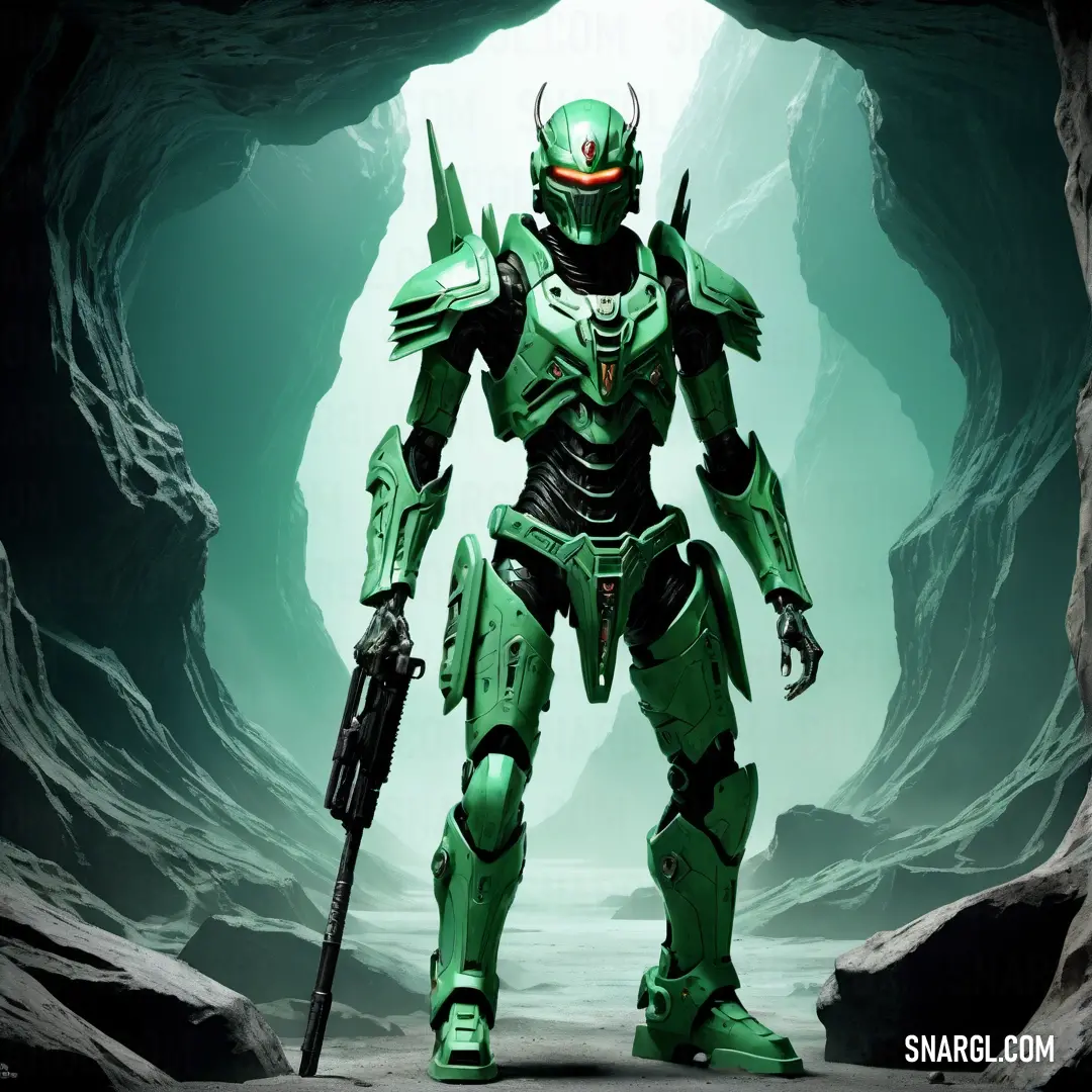 Green robot with a gun in a cave with a light green background and a cave entrance behind it