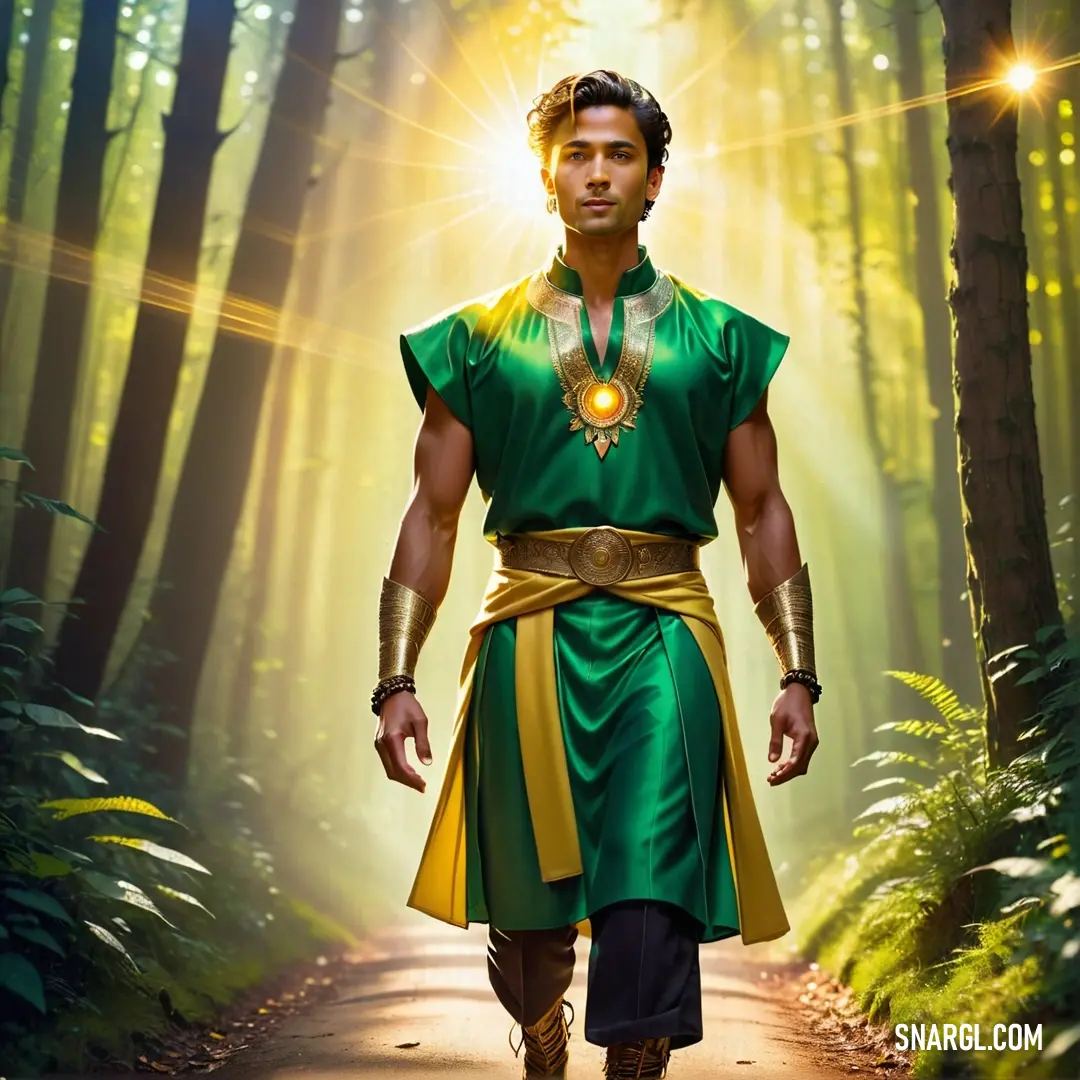 Dartmouth green color example: Man in a green and yellow costume walking down a path in the woods with a golden ring on his neck