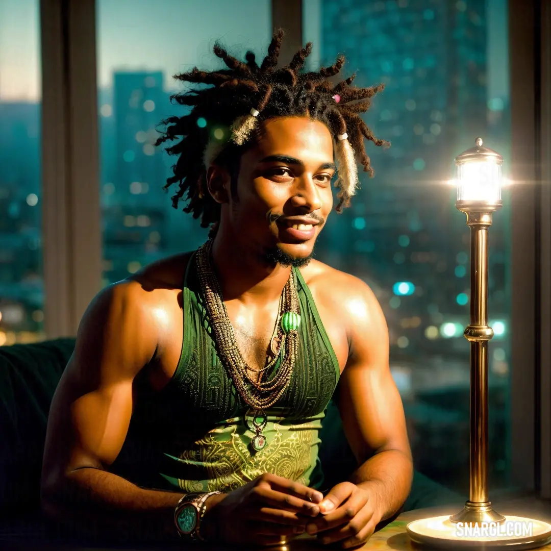 Man with dreadlocks in front of a lamp in a room with a large window and a view of a city