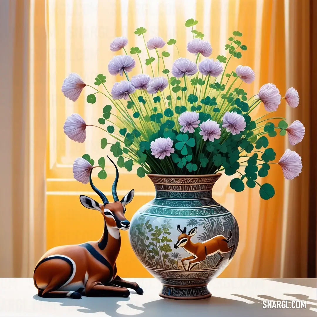 Dartmouth green color. Painting of a deer and a vase with flowers in it on a table next to a window with curtains