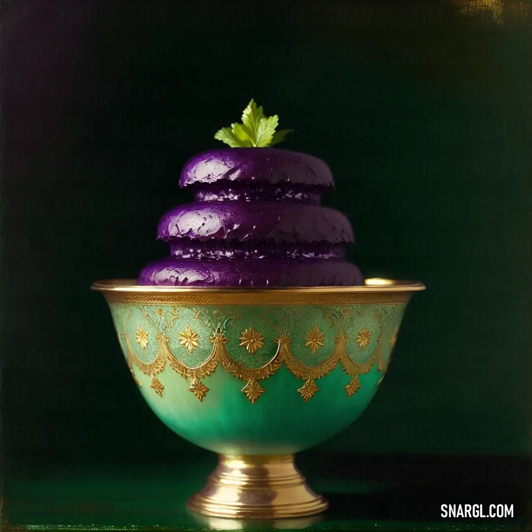 Purple cake on top of a green bowl on a table next to a green wall