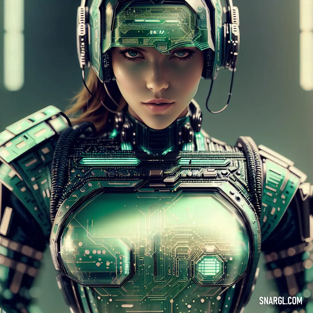 Woman in a futuristic suit with headphones on her head and a futuristic circuit board on her chest