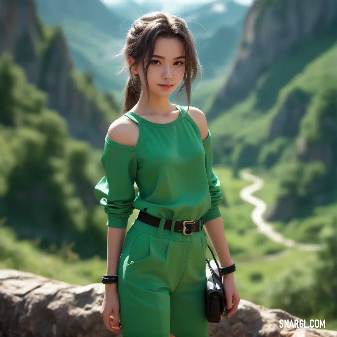 Woman in a green dress standing on a mountain top with a handbag in her hand and a valley in the background. Color RGB 0,105,62.