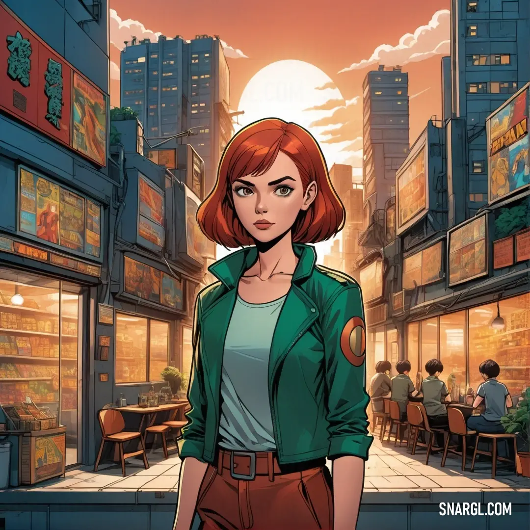 Woman standing in front of a store with a city in the background. Example of RGB 0,105,62 color.