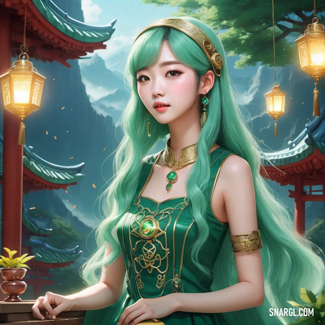 Woman with green hair and a green dress in a chinese garden with lanterns and lanterns hanging from the ceiling